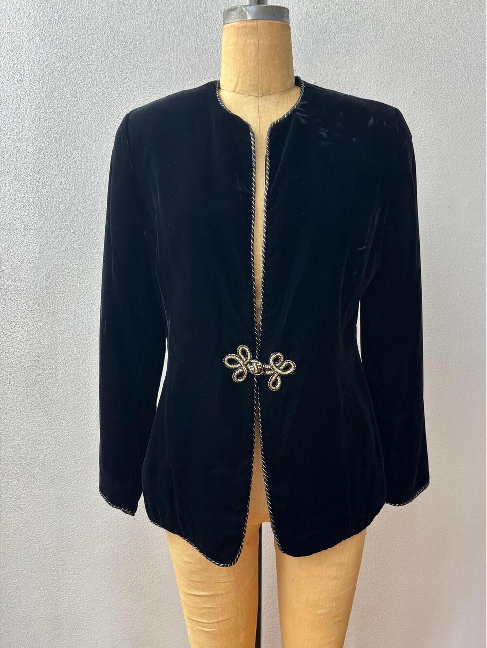 Vintage 1990s Black Velvet Gold Piping Frog Closure Evening Jacket Blazer